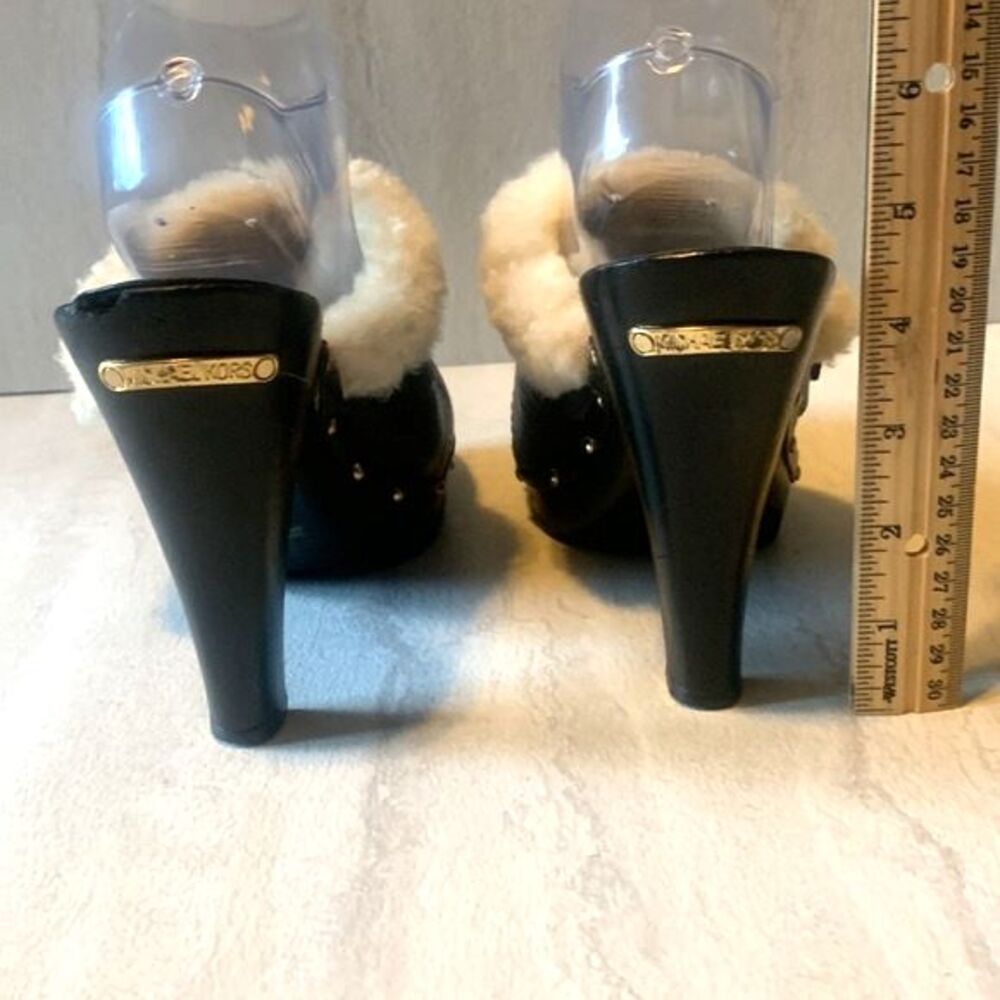 Michael Kors Studded Black Leather Wood Platform Clogs Size 9 Shearling Mules - Picture 8 of 12